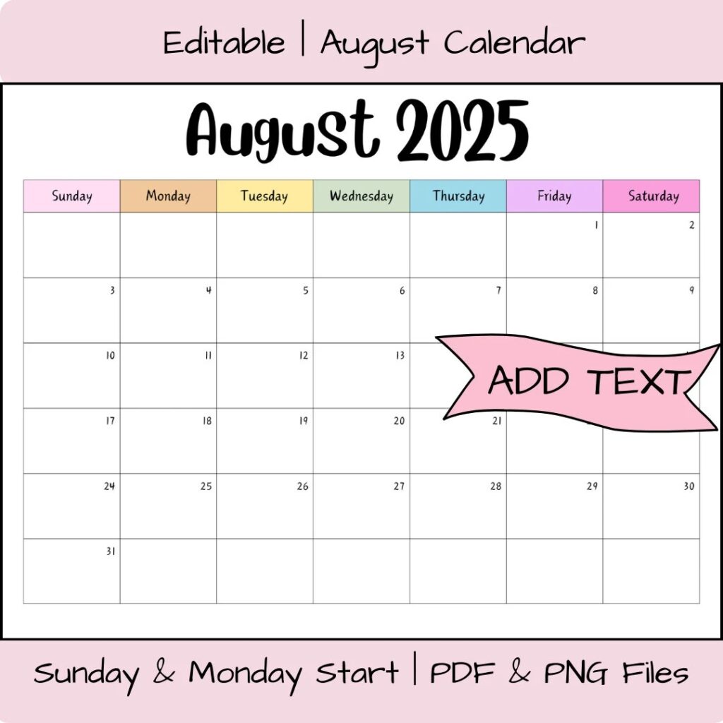 Editable August 2025 Calendar Printable Activity Planner Rainbow Classroom Calendar Digital Download PDF Files Family Organizer Fillable Etsy