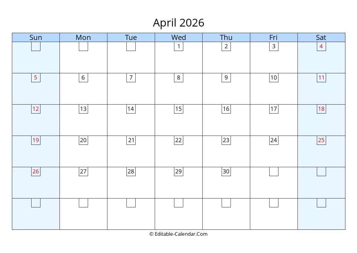 Editable Calendar April 2026 In Excel Word PDF