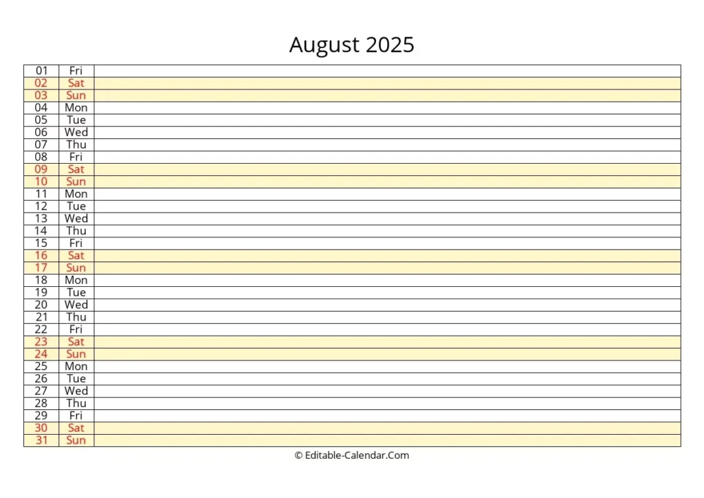Editable Calendar August 2025 In Excel Word PDF