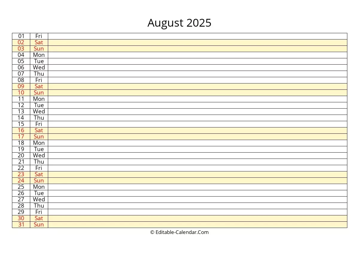 Editable Calendar August 2025 In Excel Word PDF