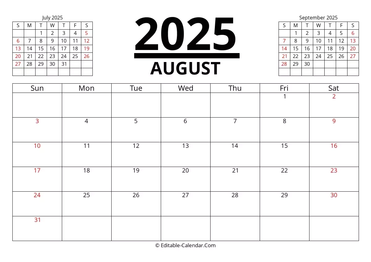 Editable Calendar August 2025 In Excel Word PDF