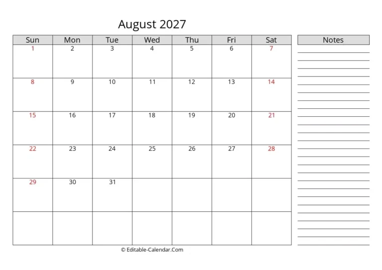 Editable Calendar August 2027 In Excel Word PDF