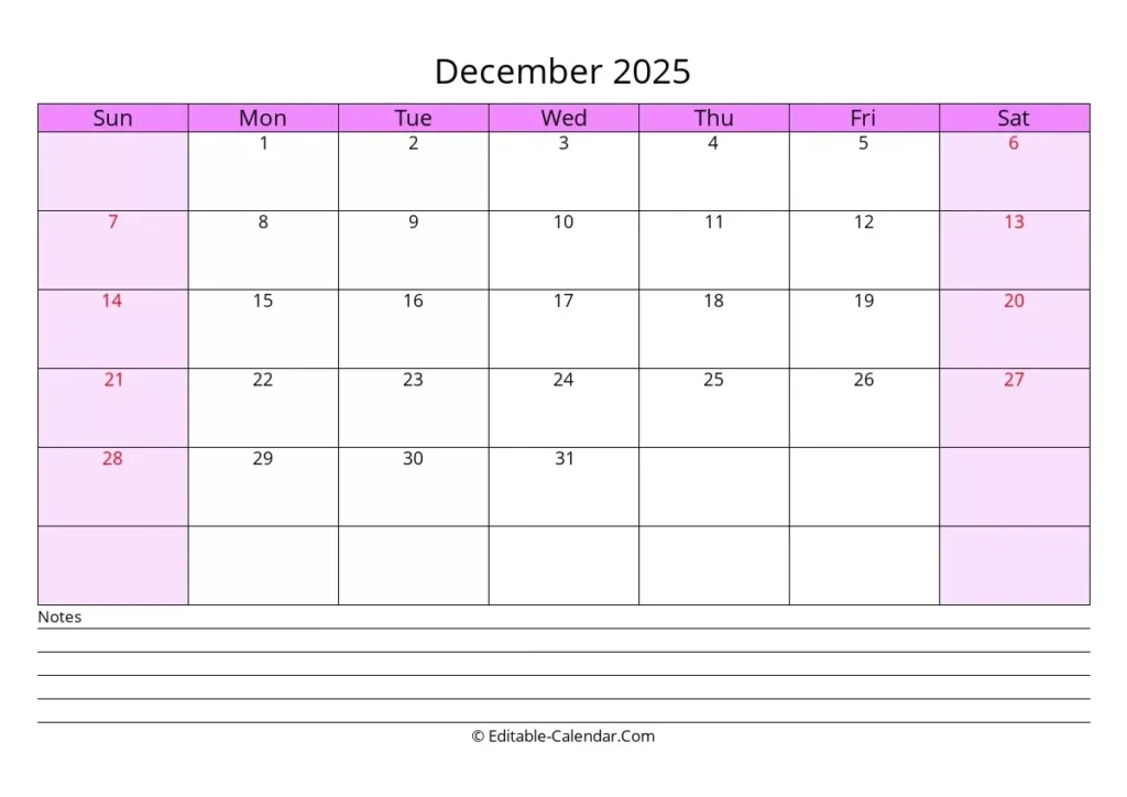 Editable Calendar December 2025 In Excel Word PDF
