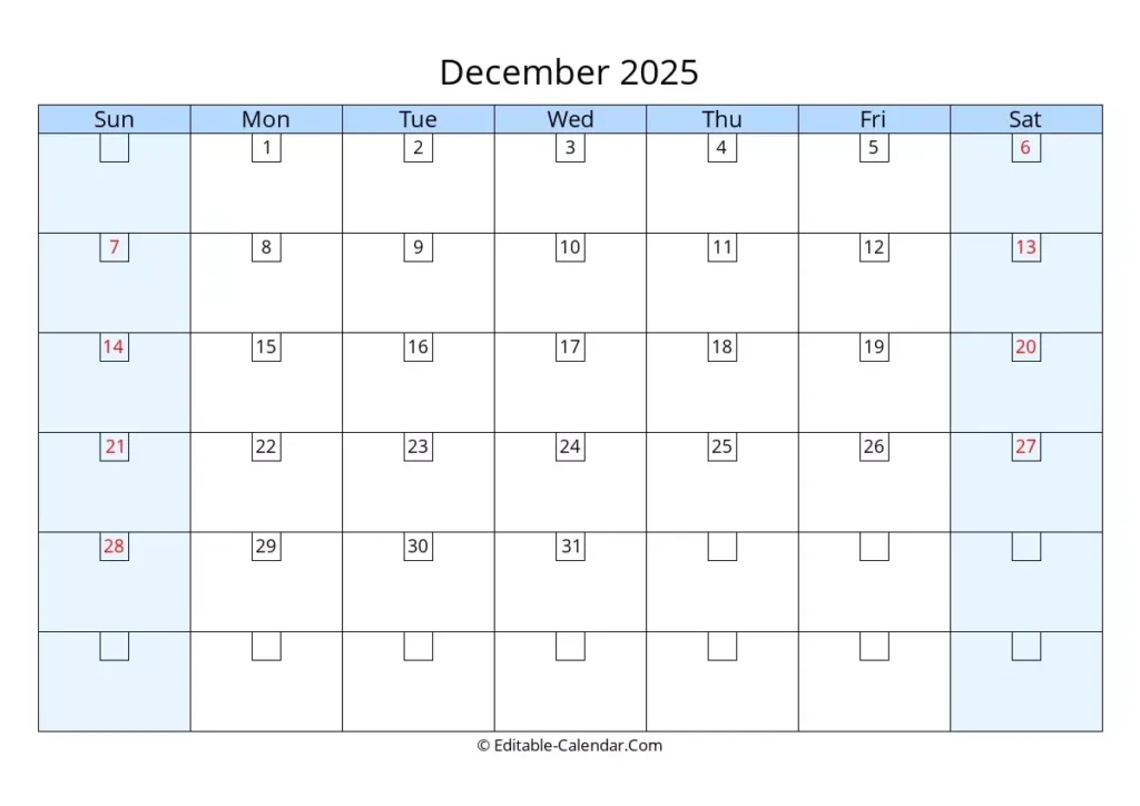 Editable Calendar December 2025 In Excel Word PDF