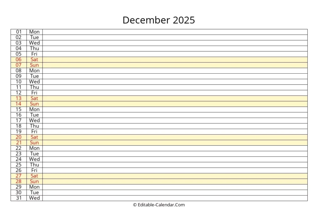 Editable Calendar December 2025 In Excel Word PDF