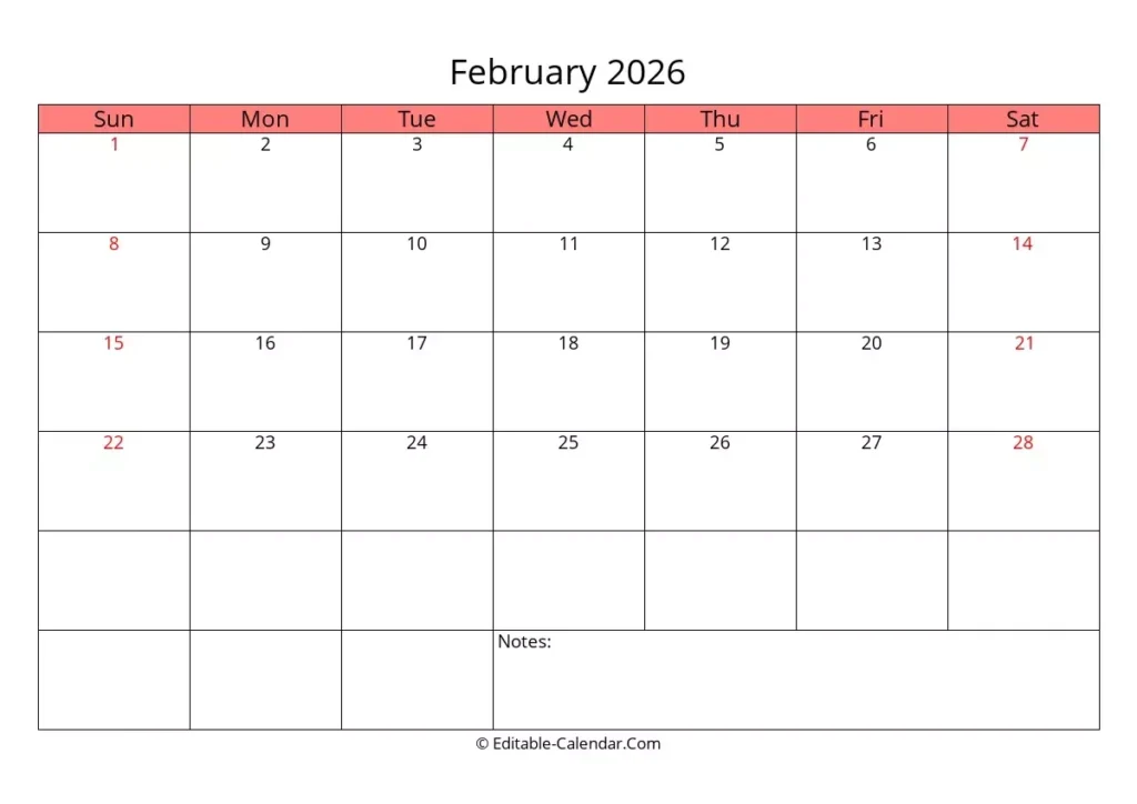 Editable Calendar February 2026 In Excel Word PDF