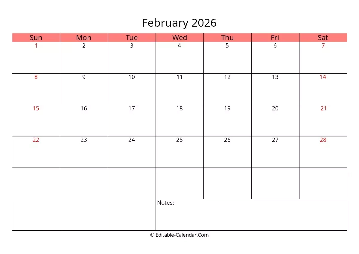 Editable Calendar February 2026 In Excel Word PDF