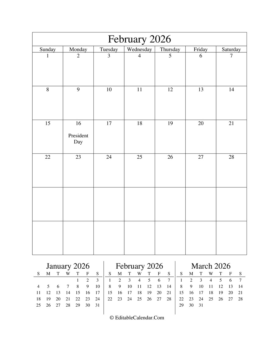 Editable Calendar February 2026