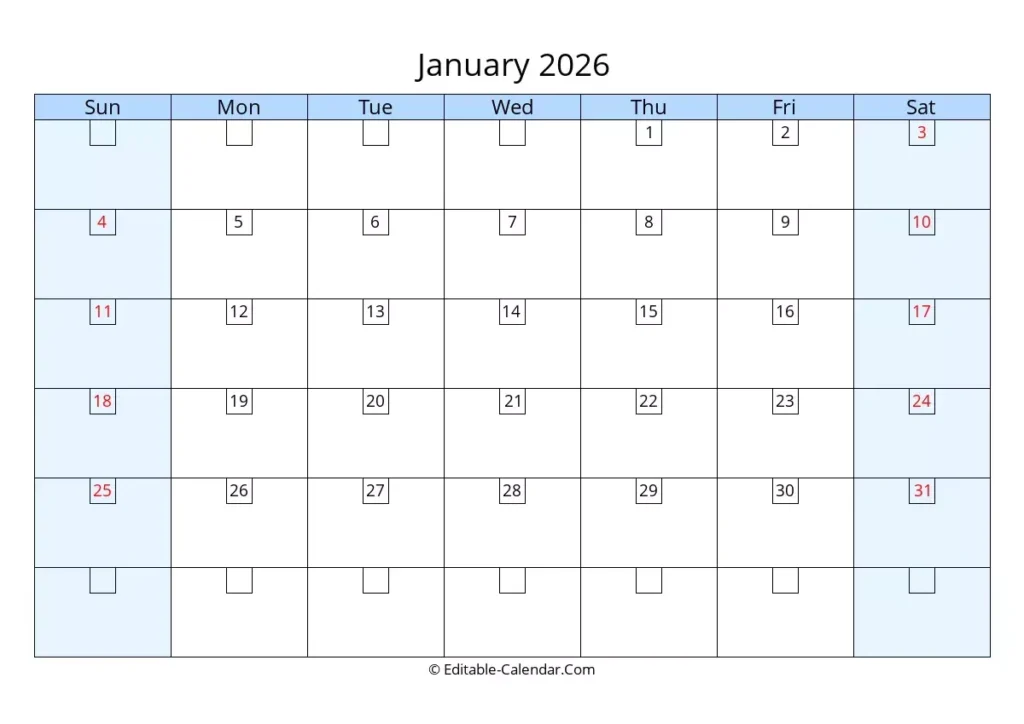 Editable Calendar January 2026 In Excel Word PDF