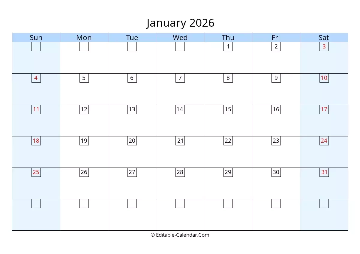 Editable Calendar January 2026 In Excel Word PDF