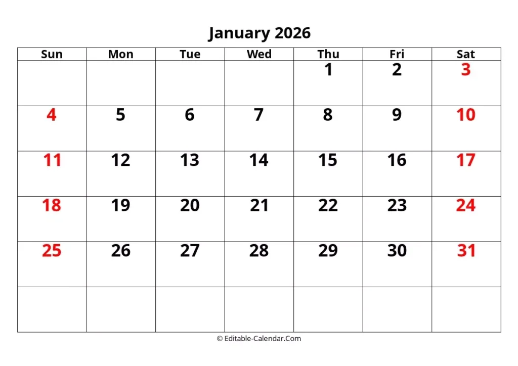 Editable Calendar January 2026 In Excel Word PDF