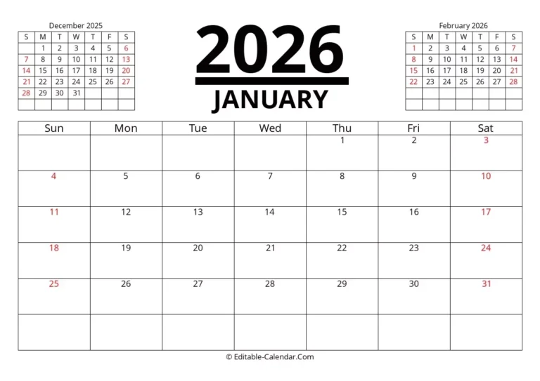 Editable Calendar January 2026 In Excel Word PDF