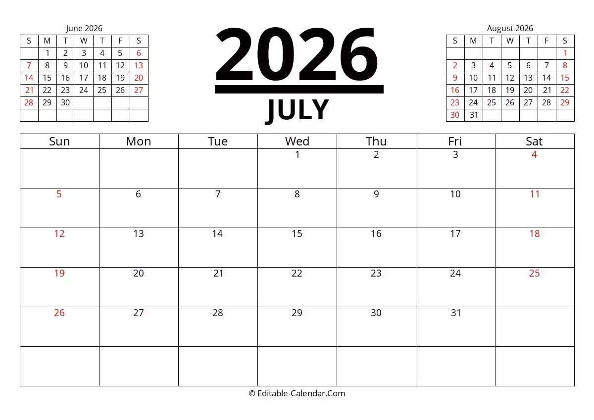 Editable Calendar July 2026 In Excel Word PDF Editable Calendar July 2026 In Excel Word PDF
