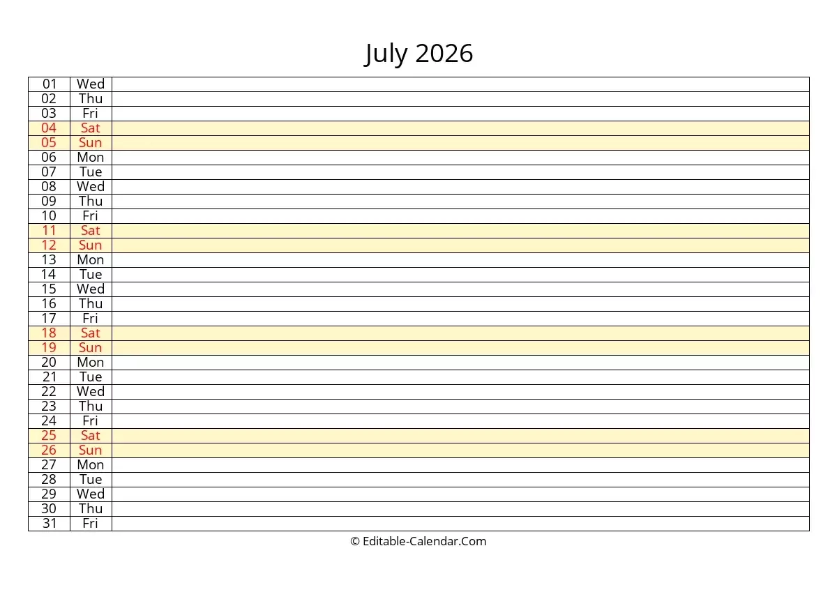 Editable Calendar July 2026 In Excel Word PDF