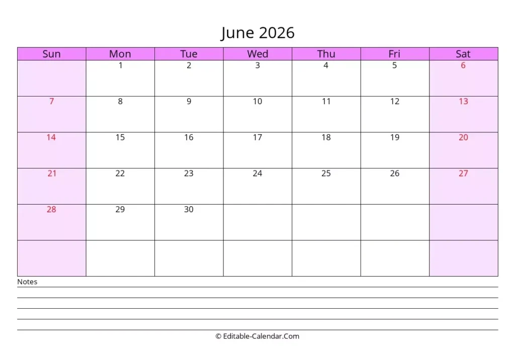 Editable Calendar June 2026 In Excel Word PDF