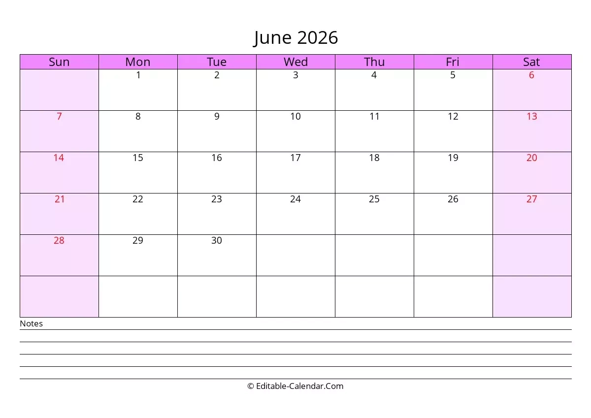 Editable Calendar June 2026 In Excel Word PDF