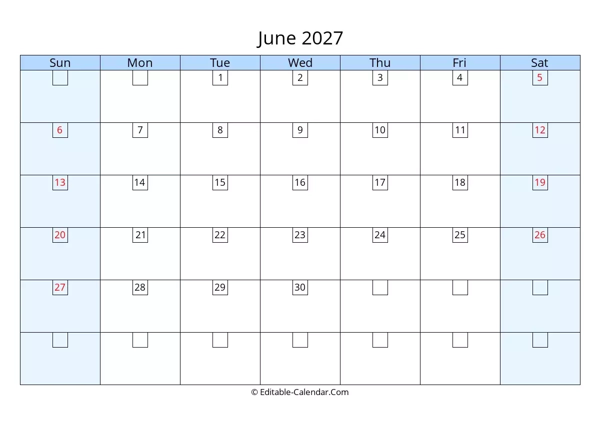 Editable Calendar June 2027 In Excel Word PDF Editable Calendar June 2027 In Excel Word PDF