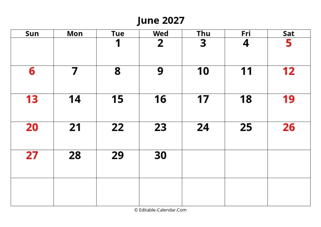 Editable Calendar June 2027 In Excel Word PDF