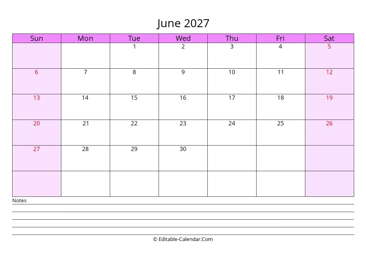 Editable Calendar June 2027 In Excel Word PDF Editable Calendar June 2027 In Excel Word PDF