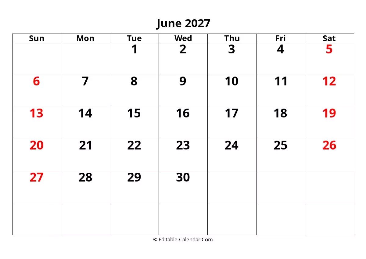 Editable Calendar June 2027 In Excel Word PDF Editable Calendar June 2027 In Excel Word PDF
