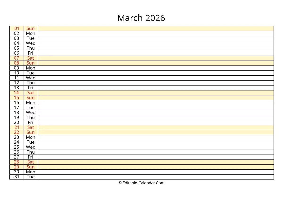 Editable Calendar March 2026 In Excel Word PDF