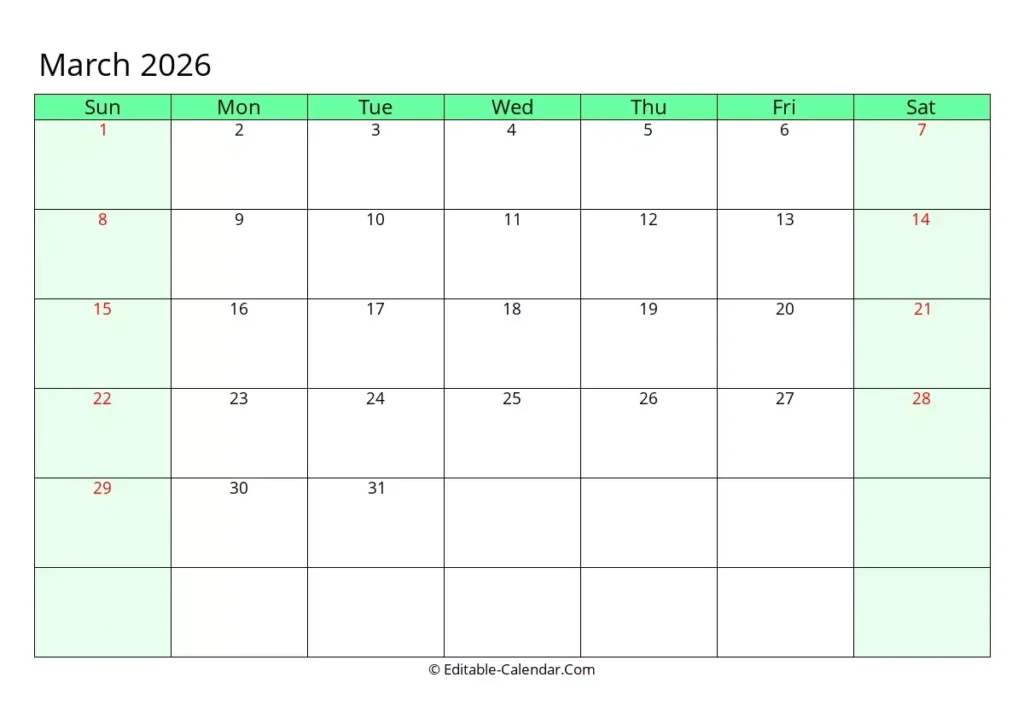 Editable Calendar March 2026 In Excel Word PDF