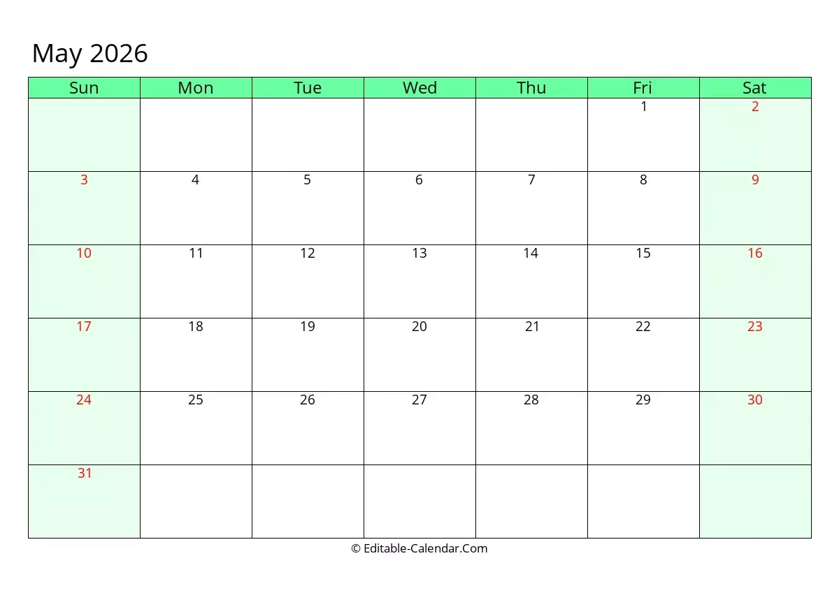 Editable Calendar May 2026 In Excel Word PDF Editable Calendar May 2026 In Excel Word PDF