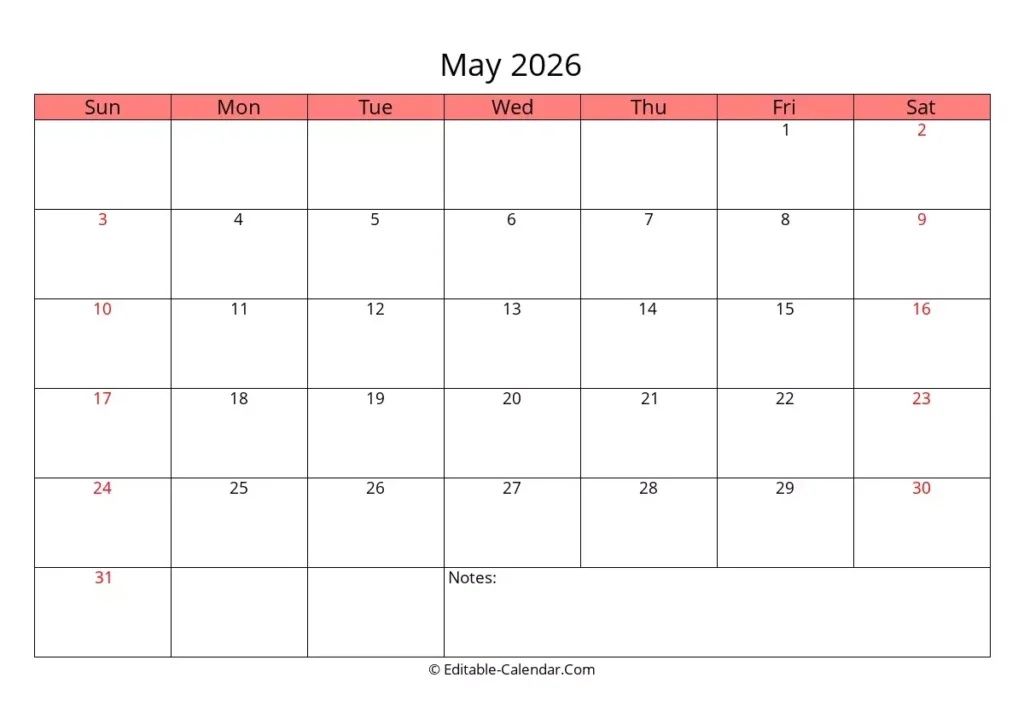 Editable Calendar May 2026 In Excel Word PDF
