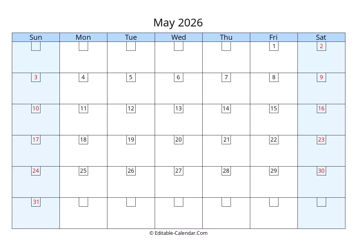 Editable Calendar May 2026 In Excel Word PDF Editable Calendar May 2026 In Excel Word PDF