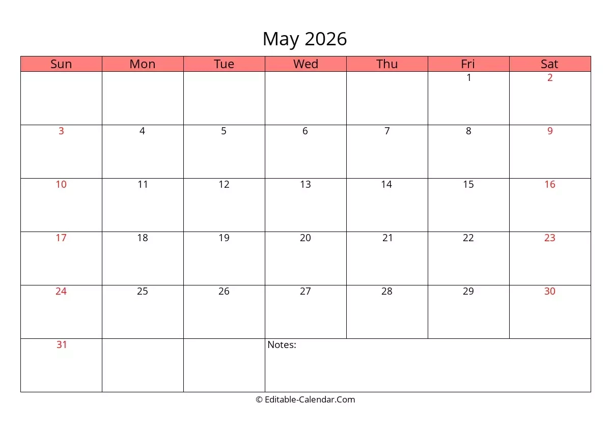Editable Calendar May 2026 In Excel Word PDF