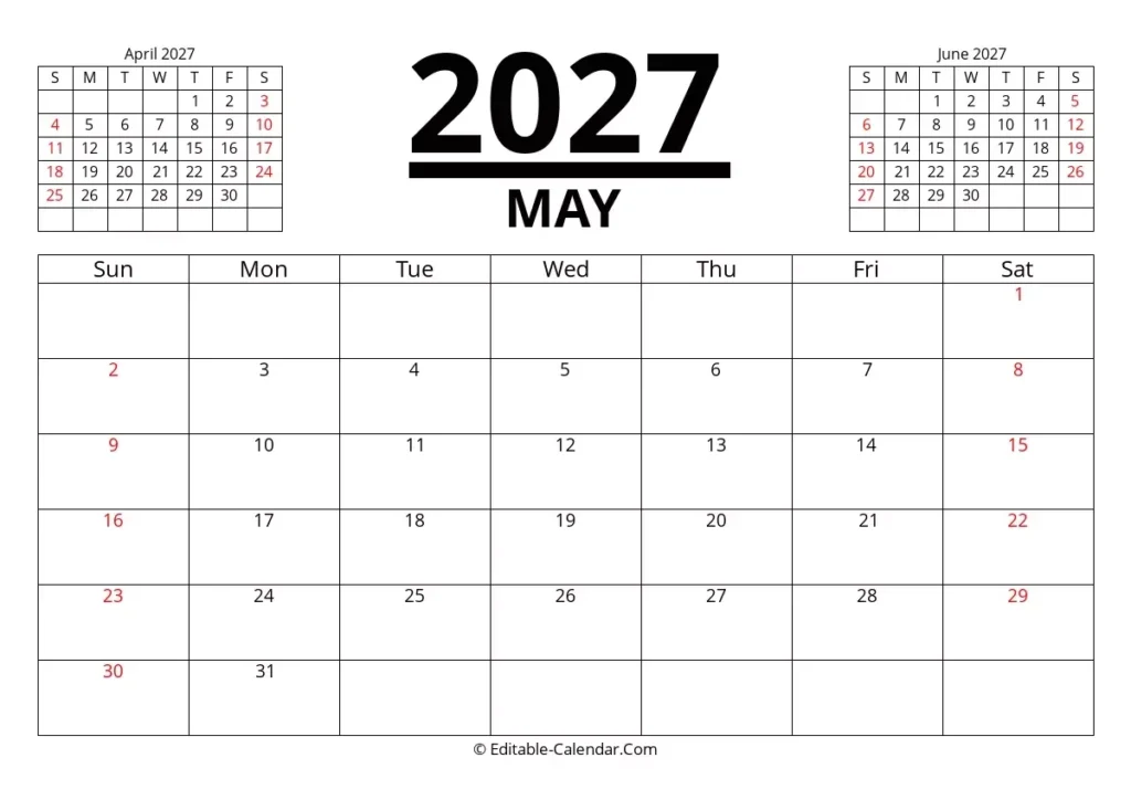 Editable Calendar May 2027 In Excel Word PDF