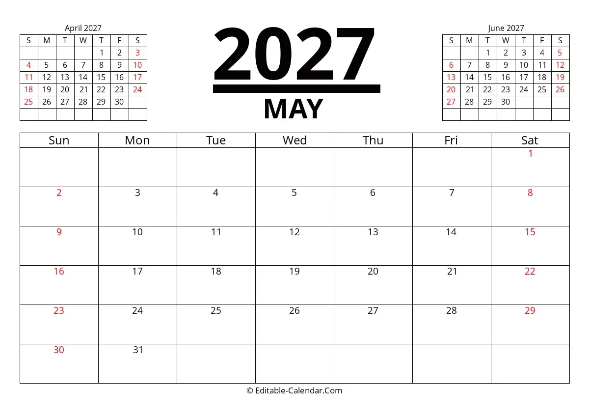 Editable Calendar May 2027 In Excel Word PDF
