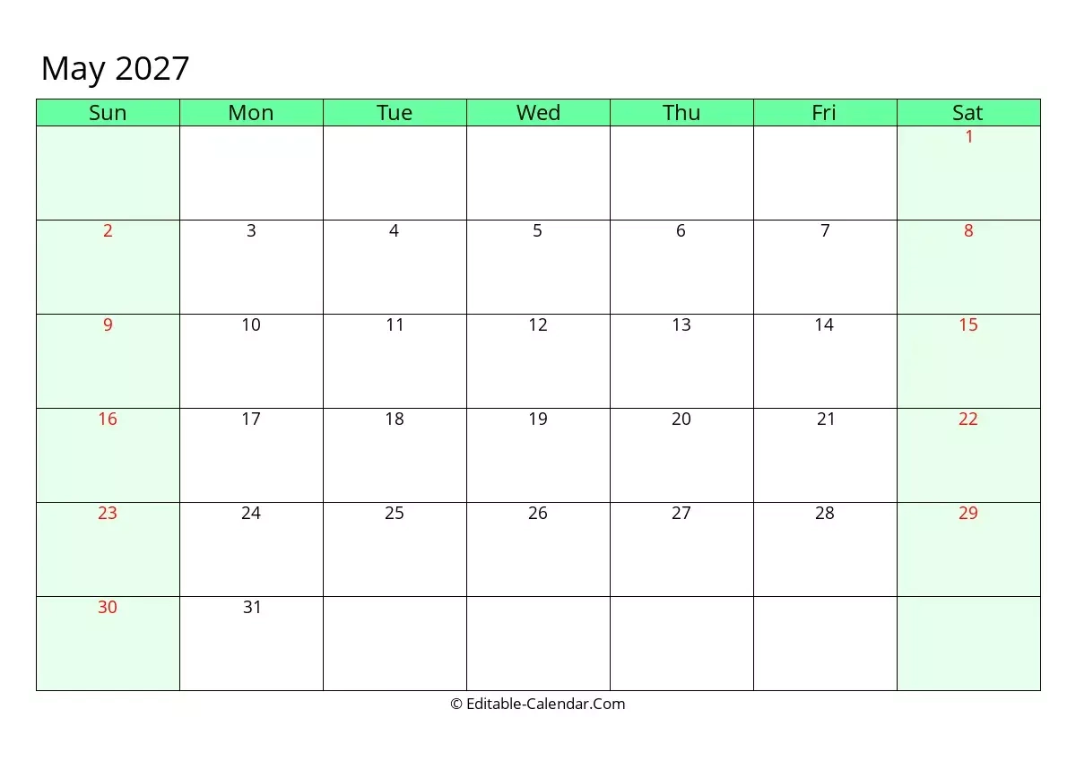 Editable Calendar May 2027 In Excel Word PDF Editable Calendar May 2027 In Excel Word PDF