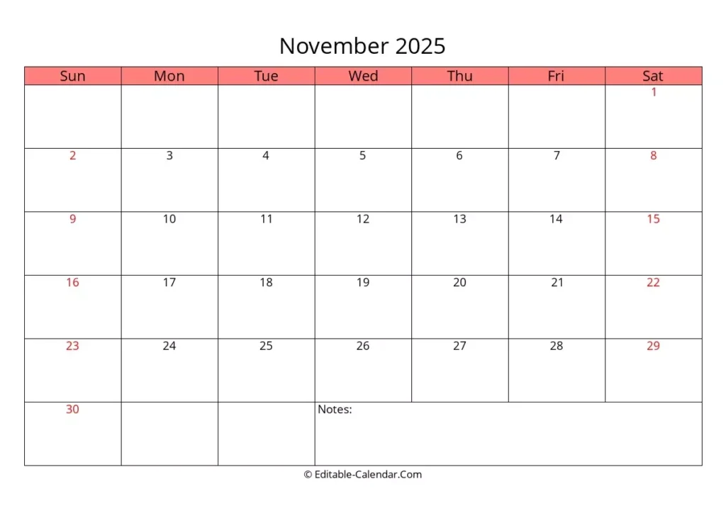Editable Calendar November 2025 In Excel Word PDF