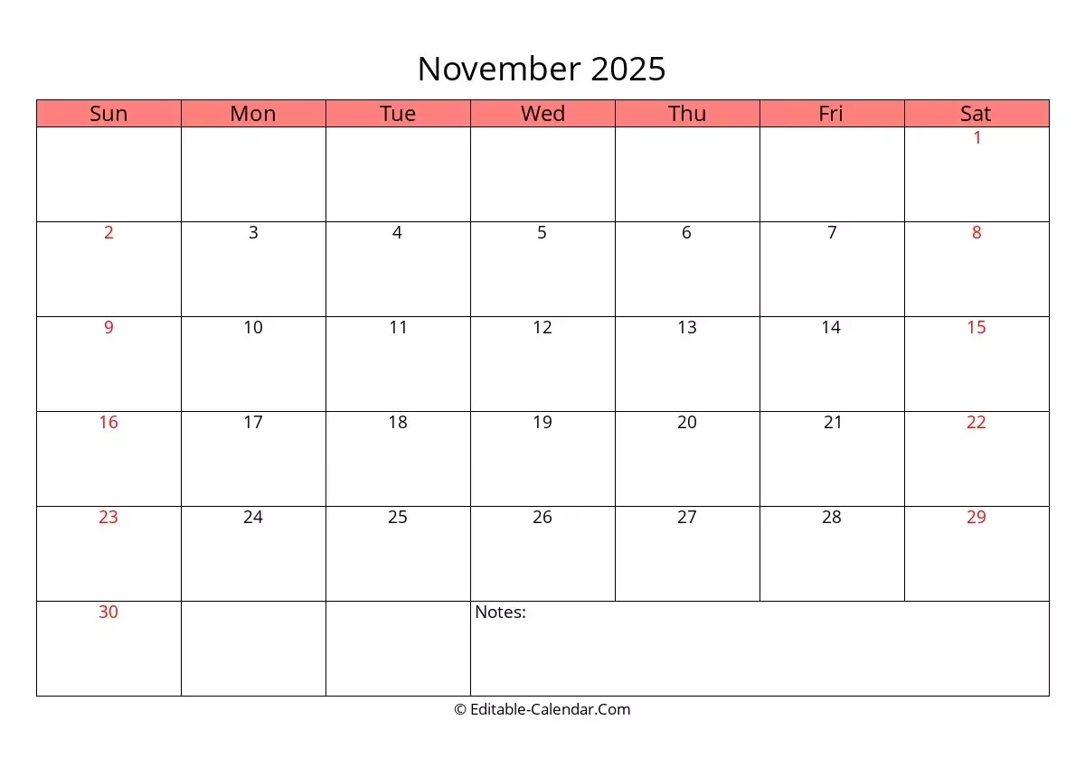 Editable Calendar November 2025 In Excel Word PDF