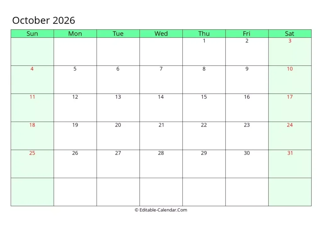Editable Calendar October 2026 In Excel Word PDF