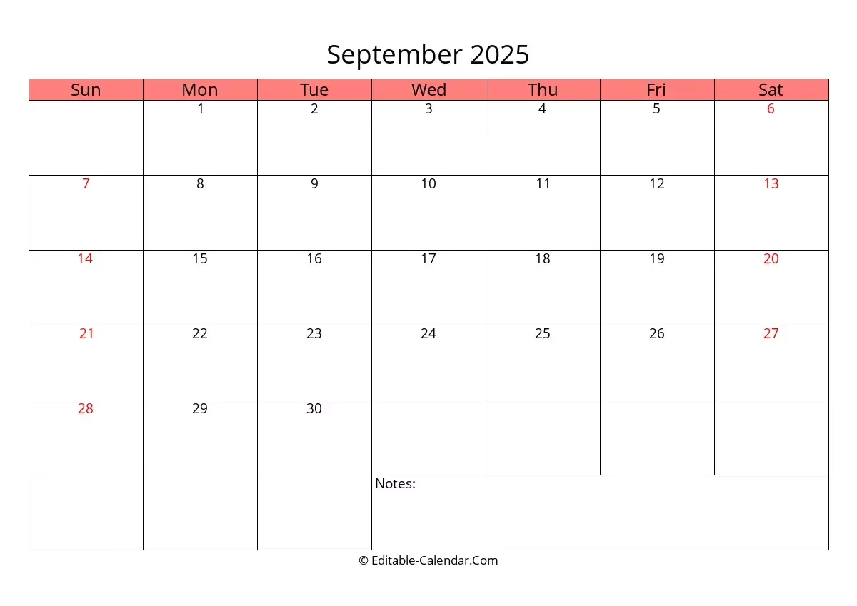Editable Calendar September 2025 In Excel Word PDF