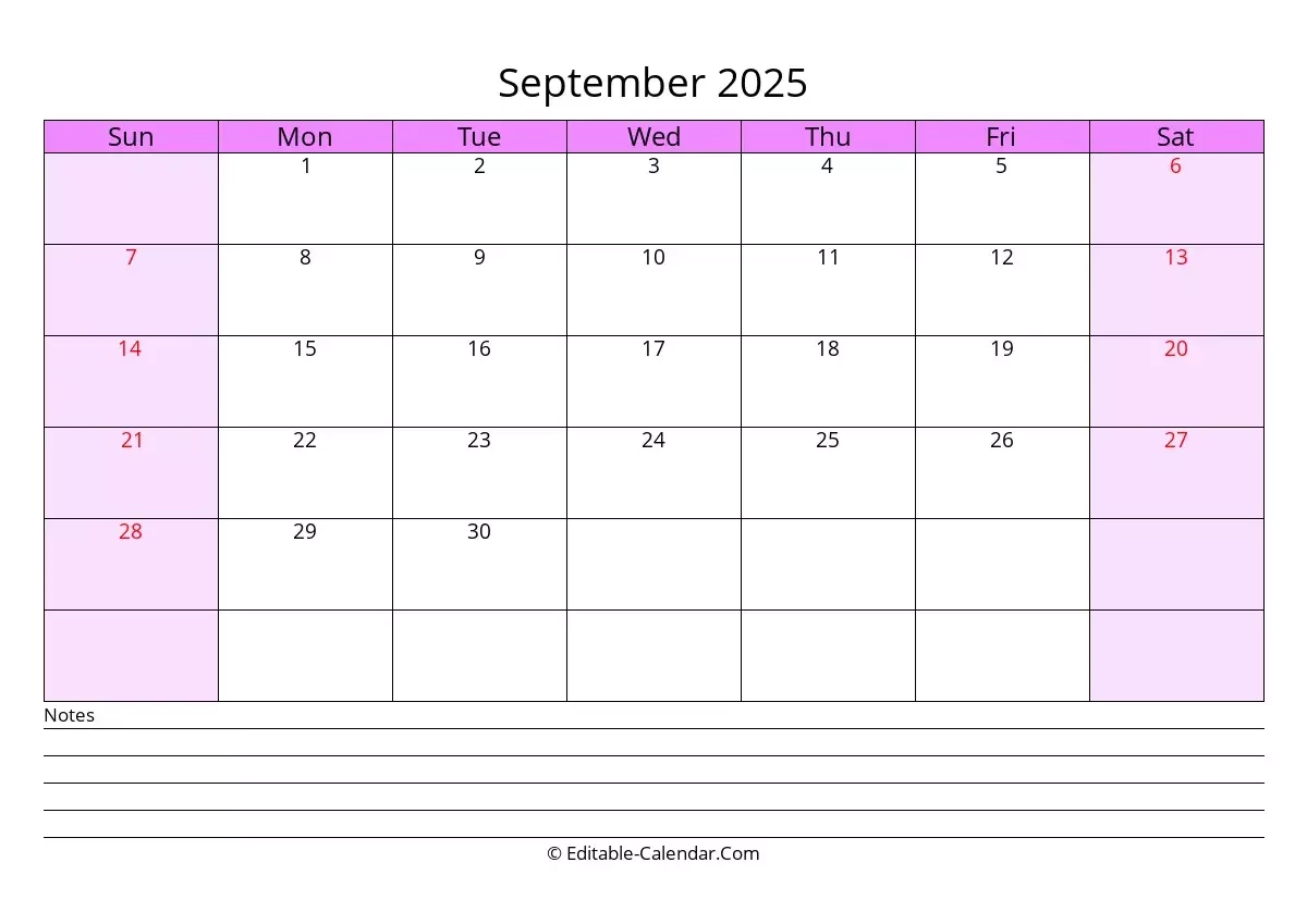 Editable Calendar September 2025 In Excel Word PDF