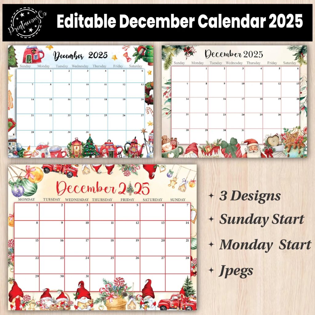 Editable December 2025 Calendar Printable Wall Calendar 2025 Fillable Monthly Planner Sunday Monday Start Kids Calendar 2025 Etsy
