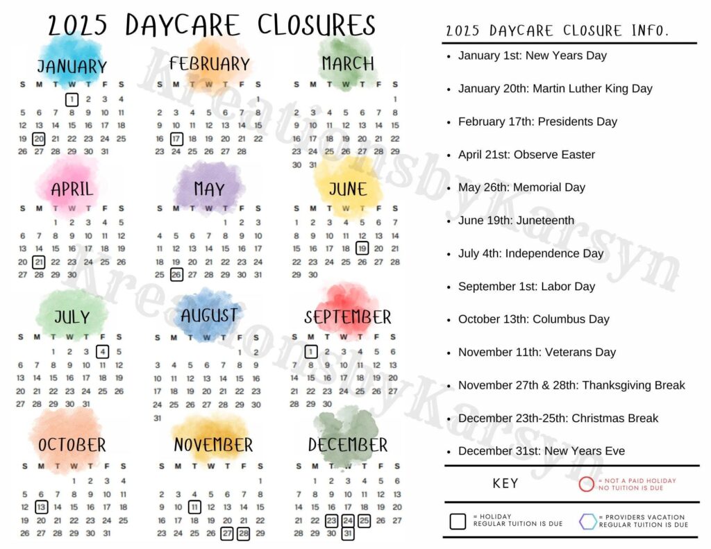 Editable Printable 2025 Daycare Closure Calendar Etsy