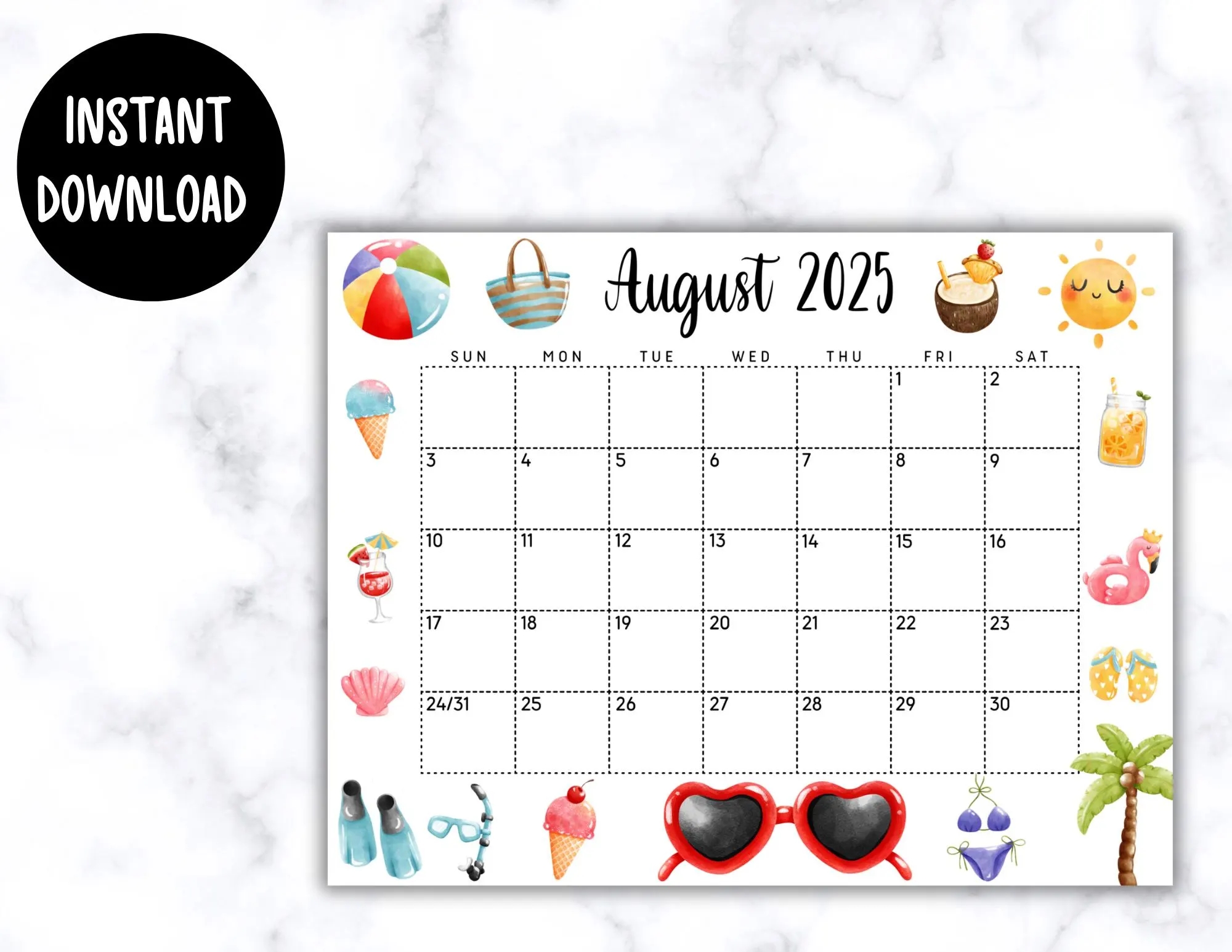 Calendar August 2025 Editable