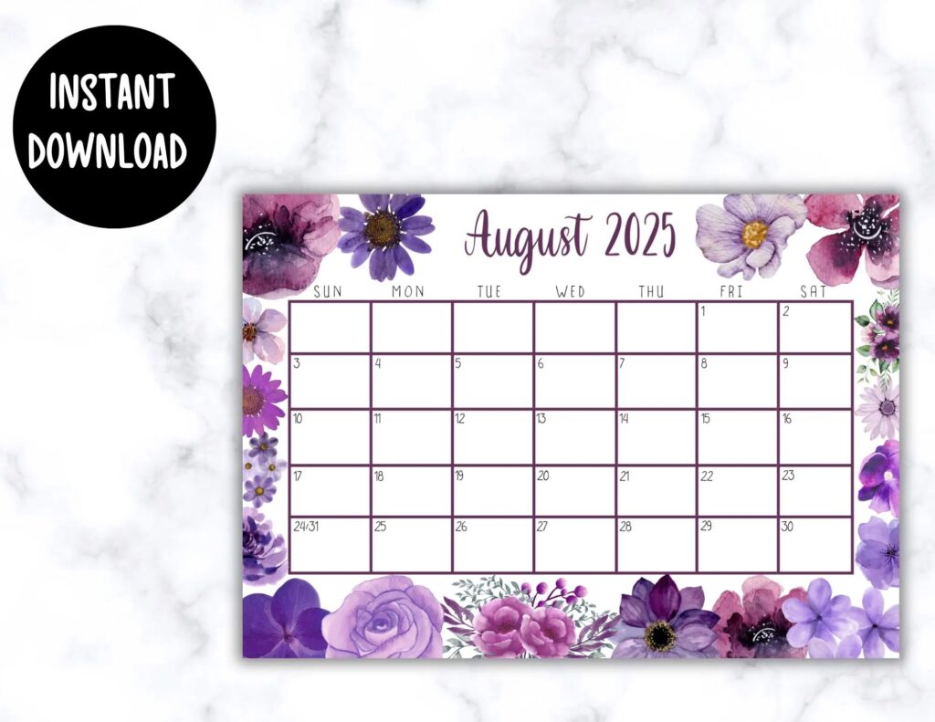 EDITABLE Printable August Calendar 2025 Beautiful August Calendar W Purple Watercolor Flowers August 2025 Calendar Fillable Calendar Etsy
