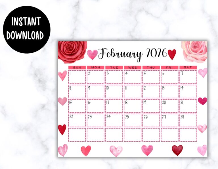 EDITABLE Printable February Calendar 2026 Beautiful Valentine s Day February Calendar W Watercolor Hearts And Roses Classroom Calendar Etsy