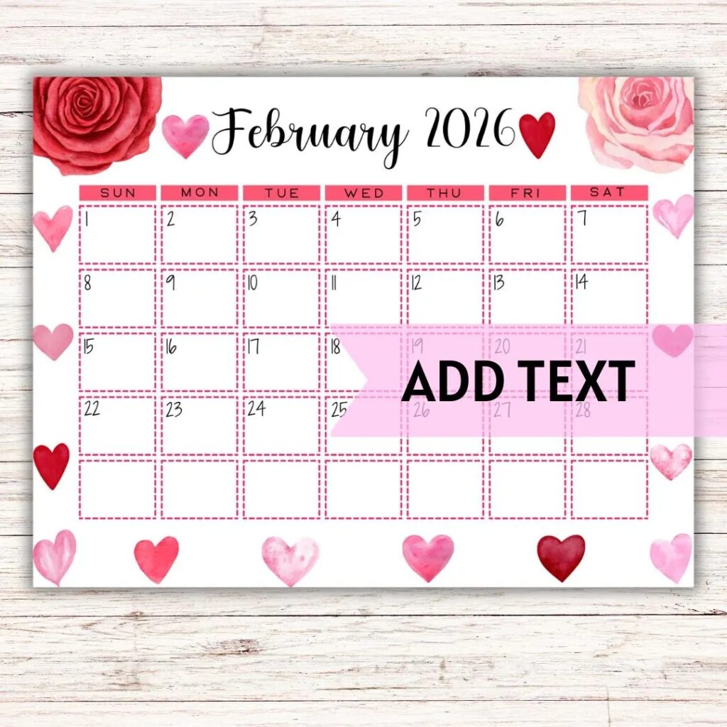 EDITABLE Printable February Calendar 2026 Beautiful Valentine s Day February Calendar W Watercolor Hearts And Roses Classroom Calendar Etsy