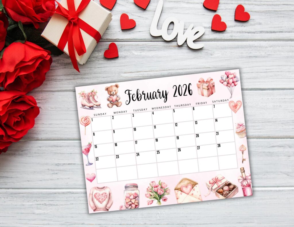 EDITABLE Printable February Calendar 2026 Cute Valentine s Day February Calendar With Teddy Bear February 2026 Calendar Fillable Etsy