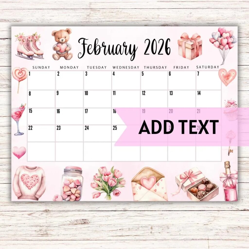 EDITABLE Printable February Calendar 2026 Cute Valentine s Day February Calendar With Teddy Bear February 2026 Calendar Fillable Etsy
