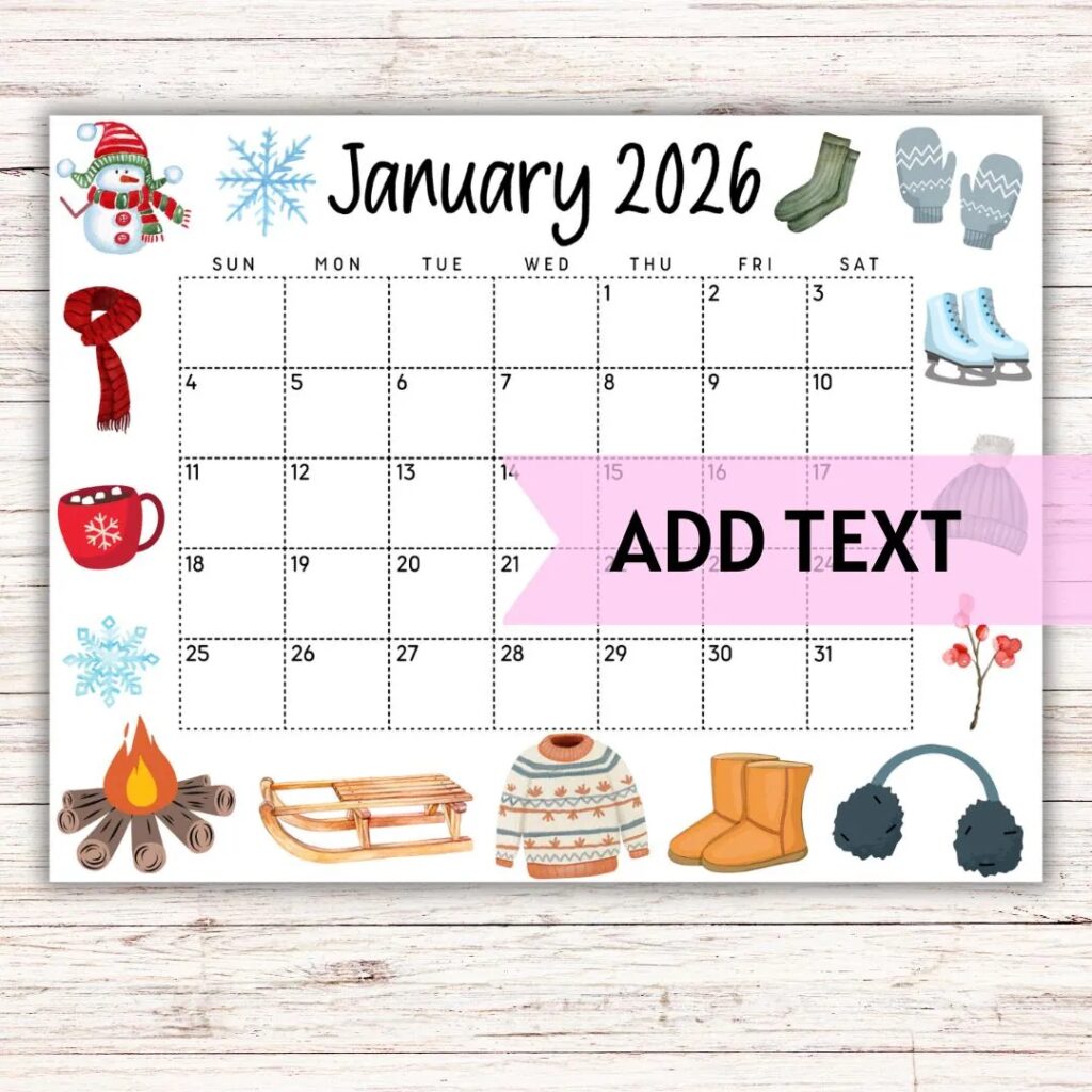 EDITABLE Printable January 2026 Calendar Beautiful Winter Themed Calendar W Boots And Snowman Monthly Calendar Homeschool Planner Etsy