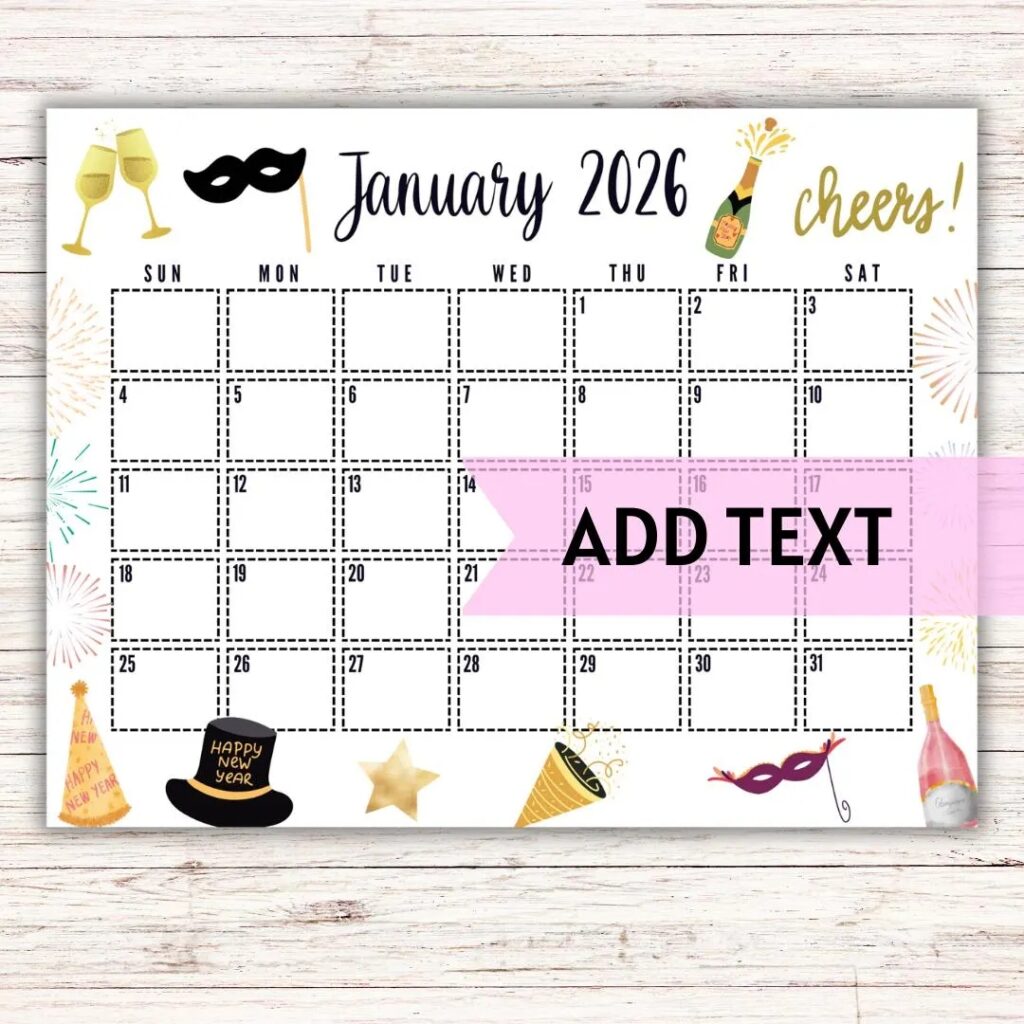 EDITABLE Printable January 2026 Calendar Gold Themed New Year s Day Calendar W Pink Champagne And Fireworks Holiday Calendar Fillable Etsy
