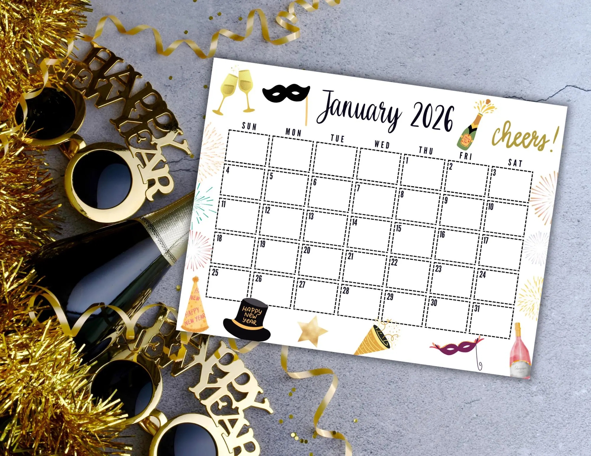 EDITABLE Printable January 2026 Calendar Gold Themed New Year s Day Calendar W Pink Champagne And Fireworks Holiday Calendar Fillable Etsy