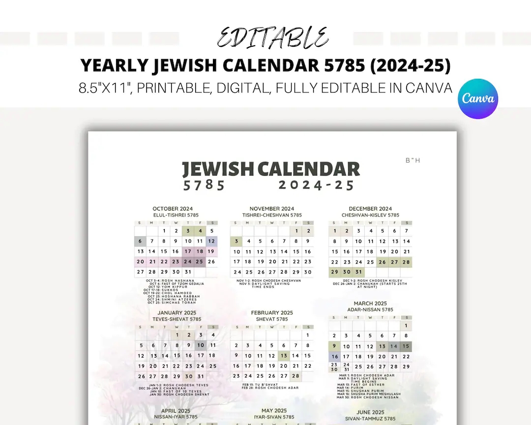 EDITABLE Yearly Jewish Calendar Jewish Calendar 5785 Hebrew Calendar 2024 2025 Hebrew Calendar 5785 Jewish Holidays Canva Template Etsy